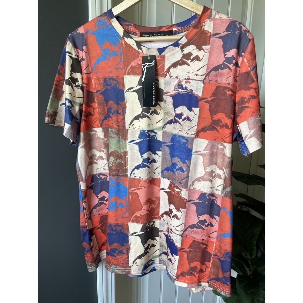 Lucky & Blessed Western Cowboy Collage Graphic Print T-Shirt L S/S Round Neck